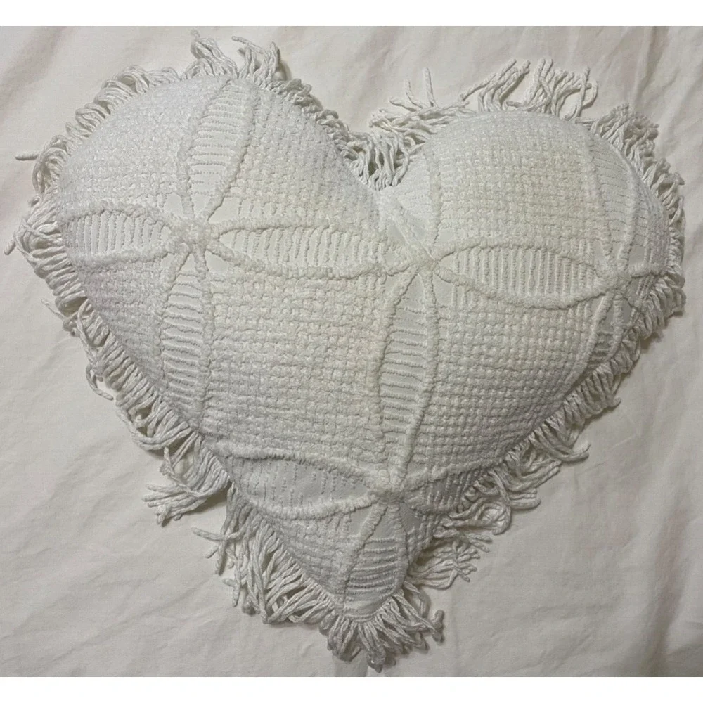 Chenille Heart Pillow Vintage Look Chenille Flowers Fringe Shabby Cottage Granny